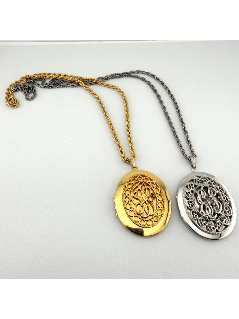 Vintage Large Oval Locket Necklace Set of 2 Gold Tone Silver Tone